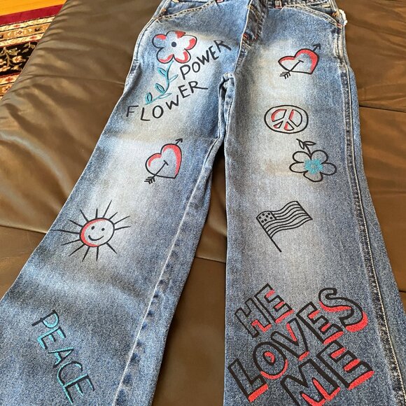 Vintage Bongo Cotton Overalls, girls YOUTH size L 14, painted jean dungarees - Picture 5 of 15